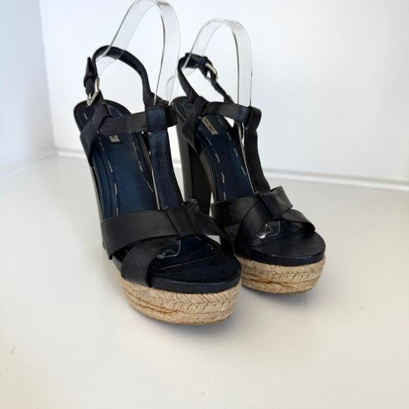 Miu Miu Platform Espadrille Sandals Navy Leather Strappy Heels Size 38 Italy - Picture 8 of 13